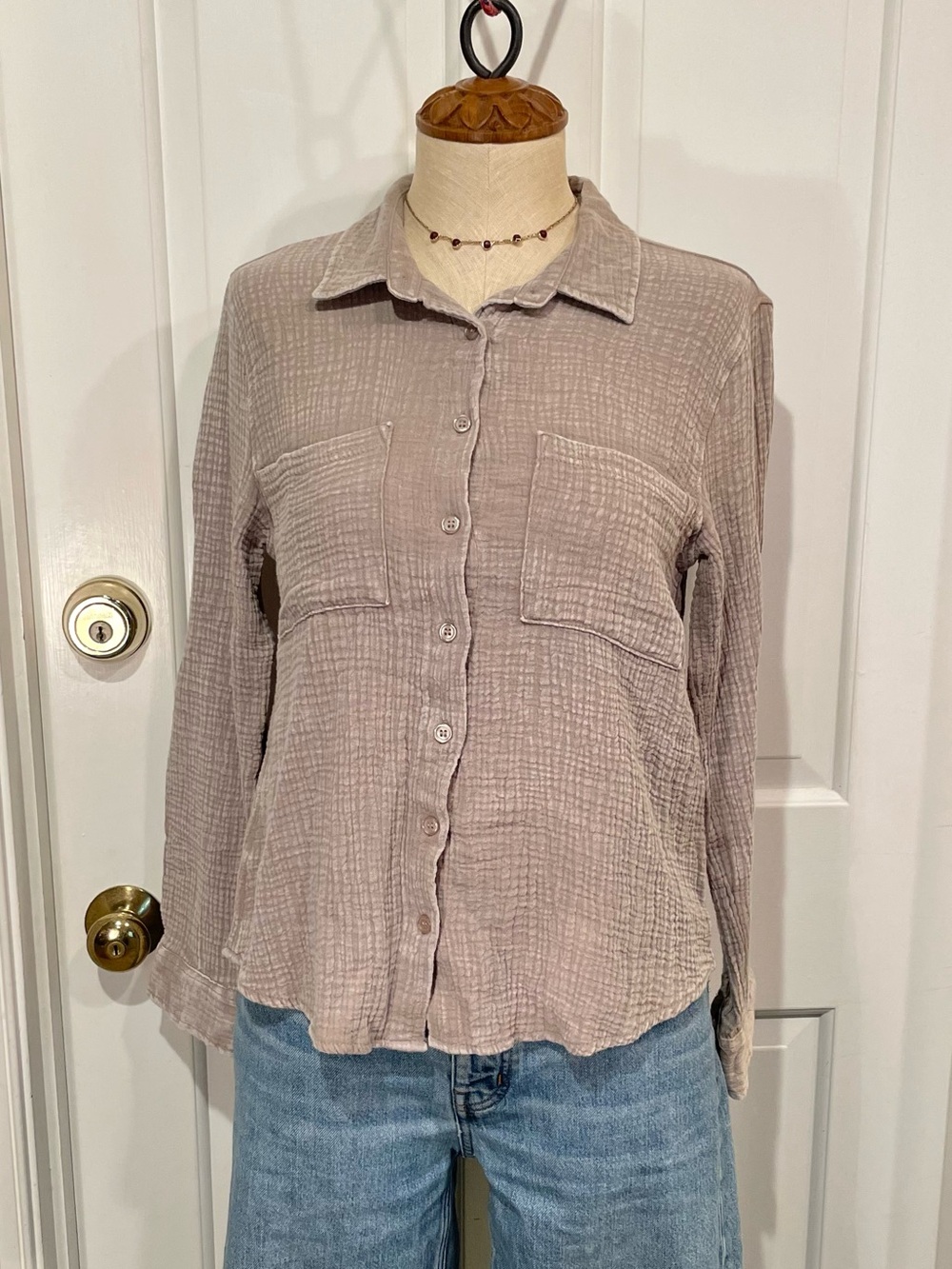 Relaxed Gauze Button-Front Shirt in Taupe